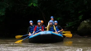 First-timers river rafting in Bali with helmets, life jackets, and guide support