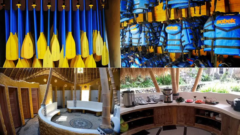 Rafting gear, showers, and guest facilities at the base camp