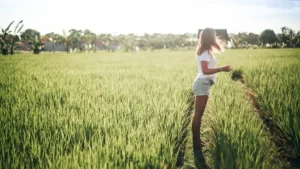 Traveler in a white T-shirt and shorts in a sunny Bali rice field