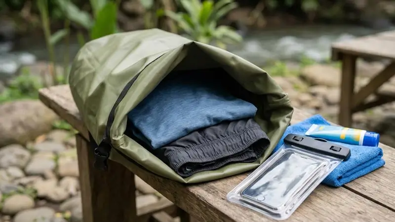 Dry bag with spare clothes and waterproof phone pouch for rafting day