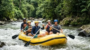Group rafting on a tropical Bali river in practical quick-dry clothing