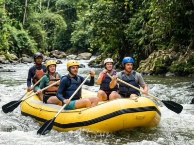 Group rafting on a tropical Bali river in practical quick-dry clothing