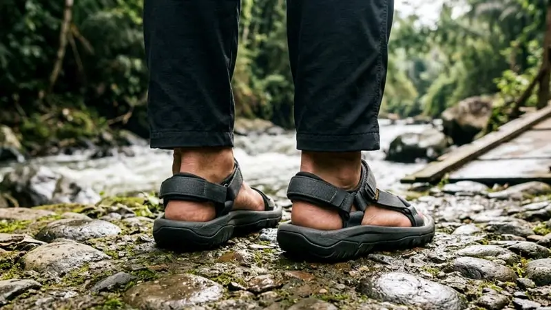 Footwear for white water rafting in Bali on wet rocky ground