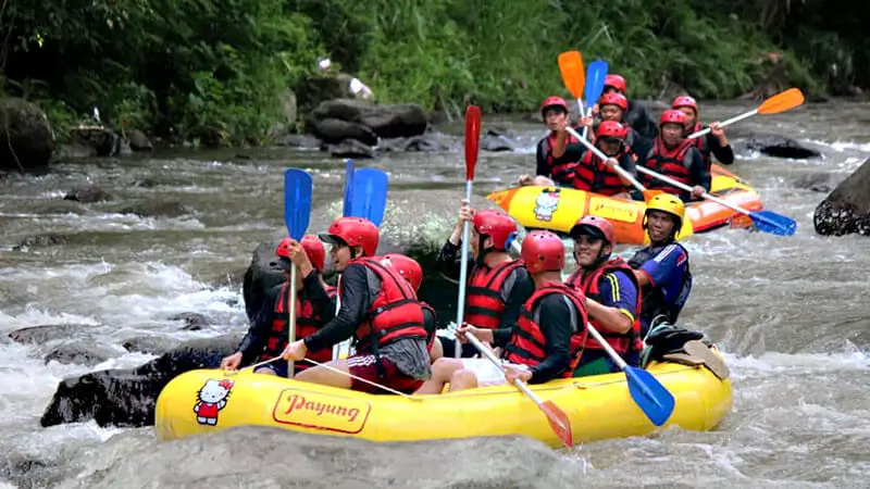 Group of guests in yellow rafts on a fast river section