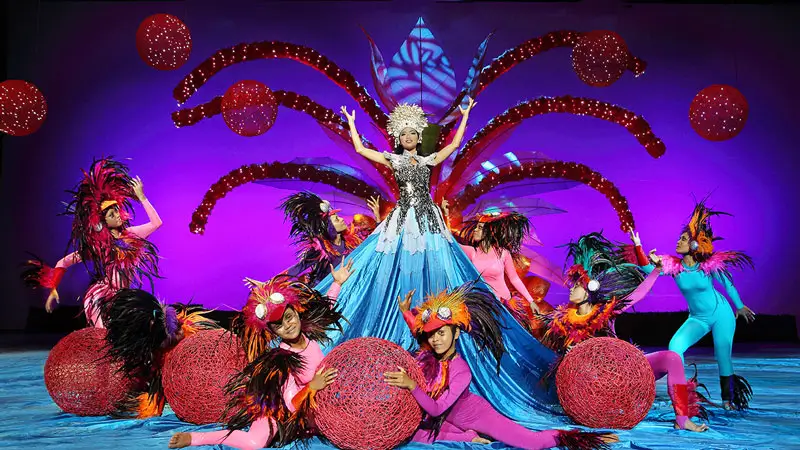 Bali Agung Show dancers performing on stage at Bali Safari