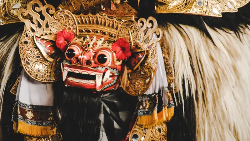 Ornate Barong mask used in a Balinese dance performance