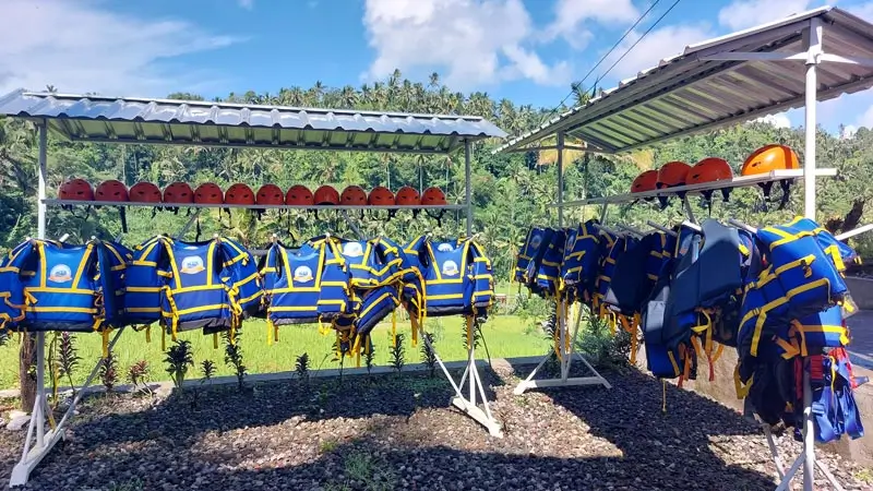 Rafting helmets and life jackets prepared in Bali