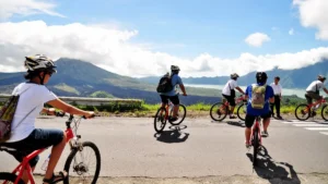 Sobek Cycling Kintamani riders pass a Mount Batur and Lake Batur viewpoint