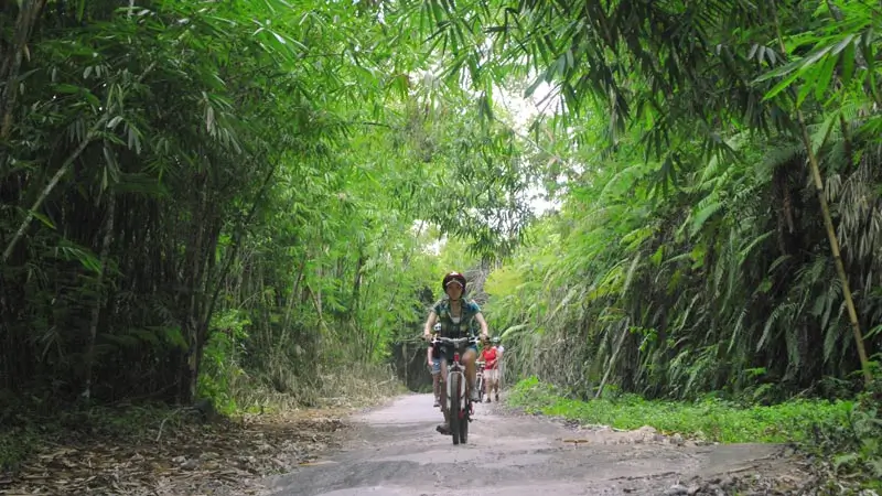 Cyclist riding through a green village road in Ubud