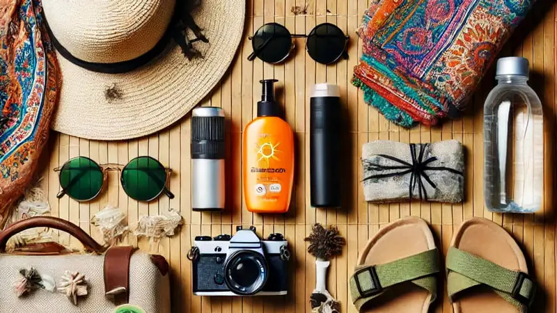 Hat, sunglasses, sandals, water bottle, and travel items for Ubud