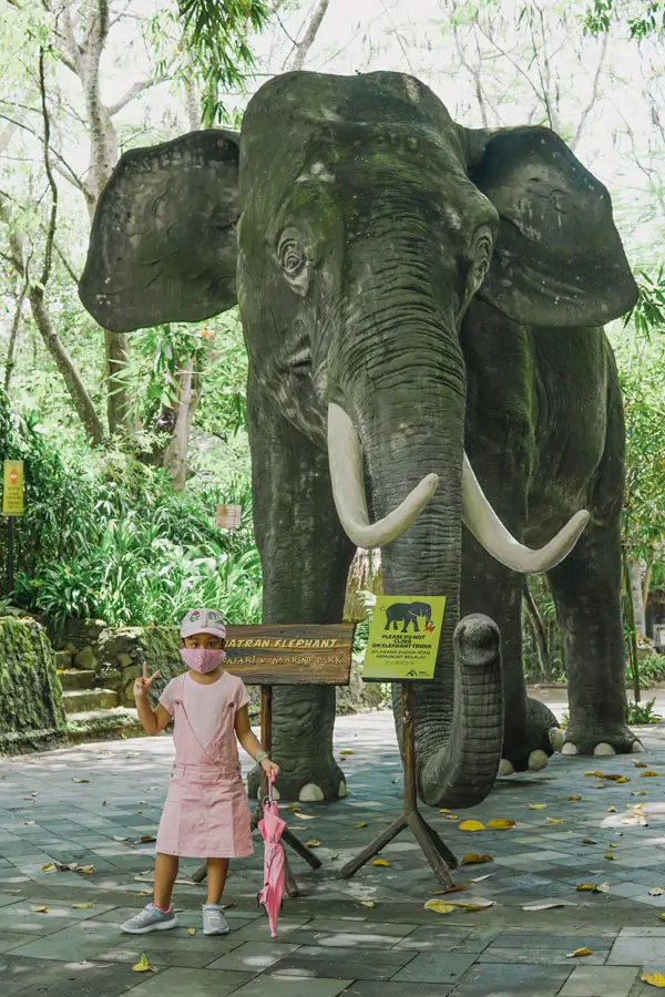 Child standing by an elephant statue in a shaded Bali Safari area
