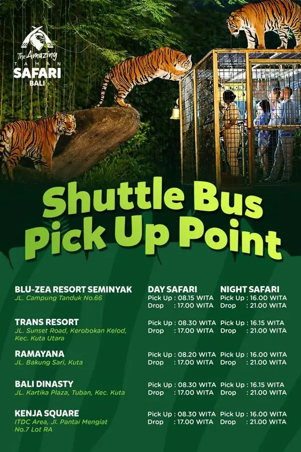 Night Safari Bali shuttle bus pickup point schedule infographic