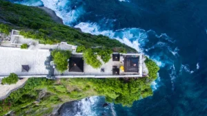 Aerial view of Uluwatu Temple cliffs above the ocean