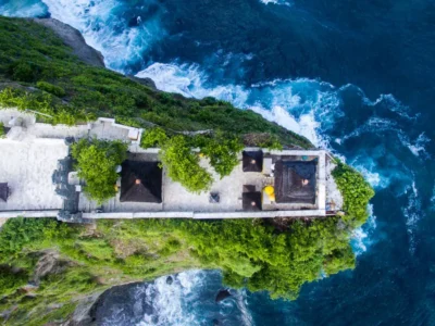 Aerial view of Uluwatu Temple cliffs above the ocean