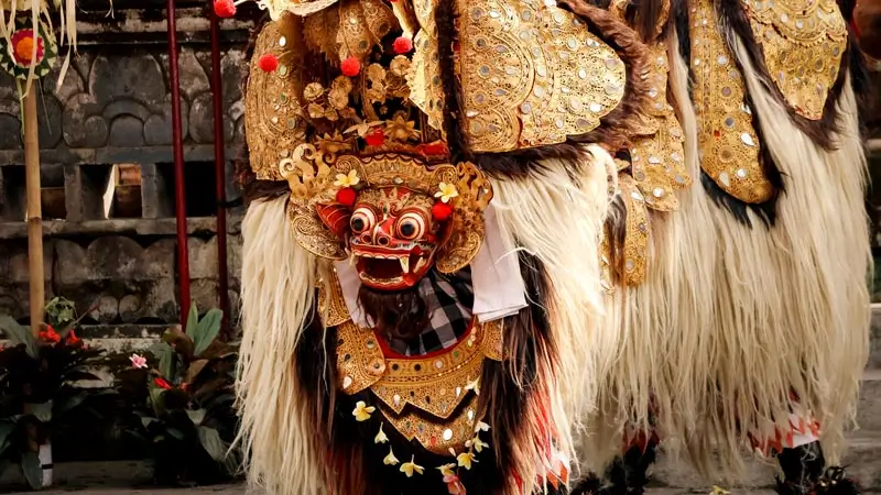 Close-up of an elaborately decorated Barong costume in Bali